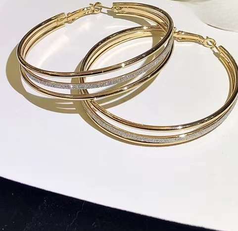 Metallic Gold-Toned With Silver Glitter Hoop Earrings |  Golden and Silver Striped Hoops