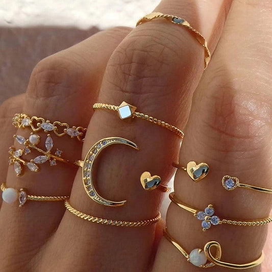 Moon, Leaf  ,Flower Alloy Inlay Rhinestones Pearl Contemporary Stackable Rings Set of 10 | Set of Rings