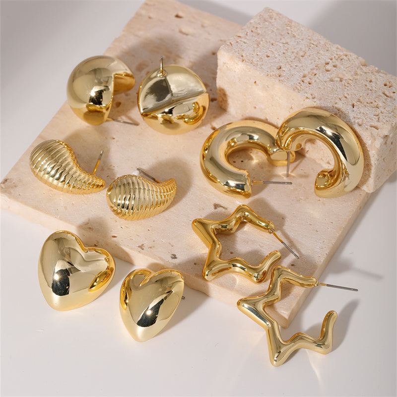Geometric Irregular ,Heart , Teardrop, Half C Shape Ccp K Gold Plated Ear Studs