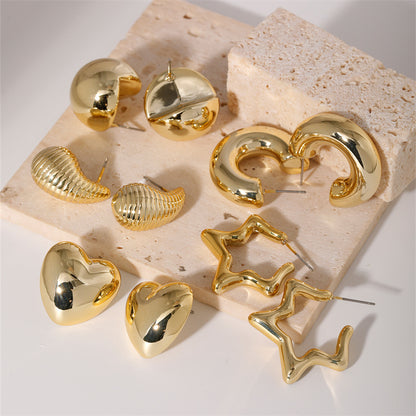 Geometric Irregular ,Heart , Teardrop, Half C Shape Ccp K Gold Plated Ear Studs