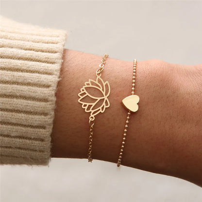 Anti Tarnish Lotus Bracelet Gold Heart Charm Bracelet | Multi Bracelet | Gold Plated Bracelet