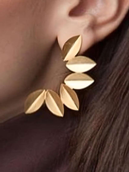Geometric Pattern Leaf-Shaped Metal Irregular Leaf Alloy Earrings | Fold Leafy Earrings | Half Flower Earrings | Golden Leafy Earrings