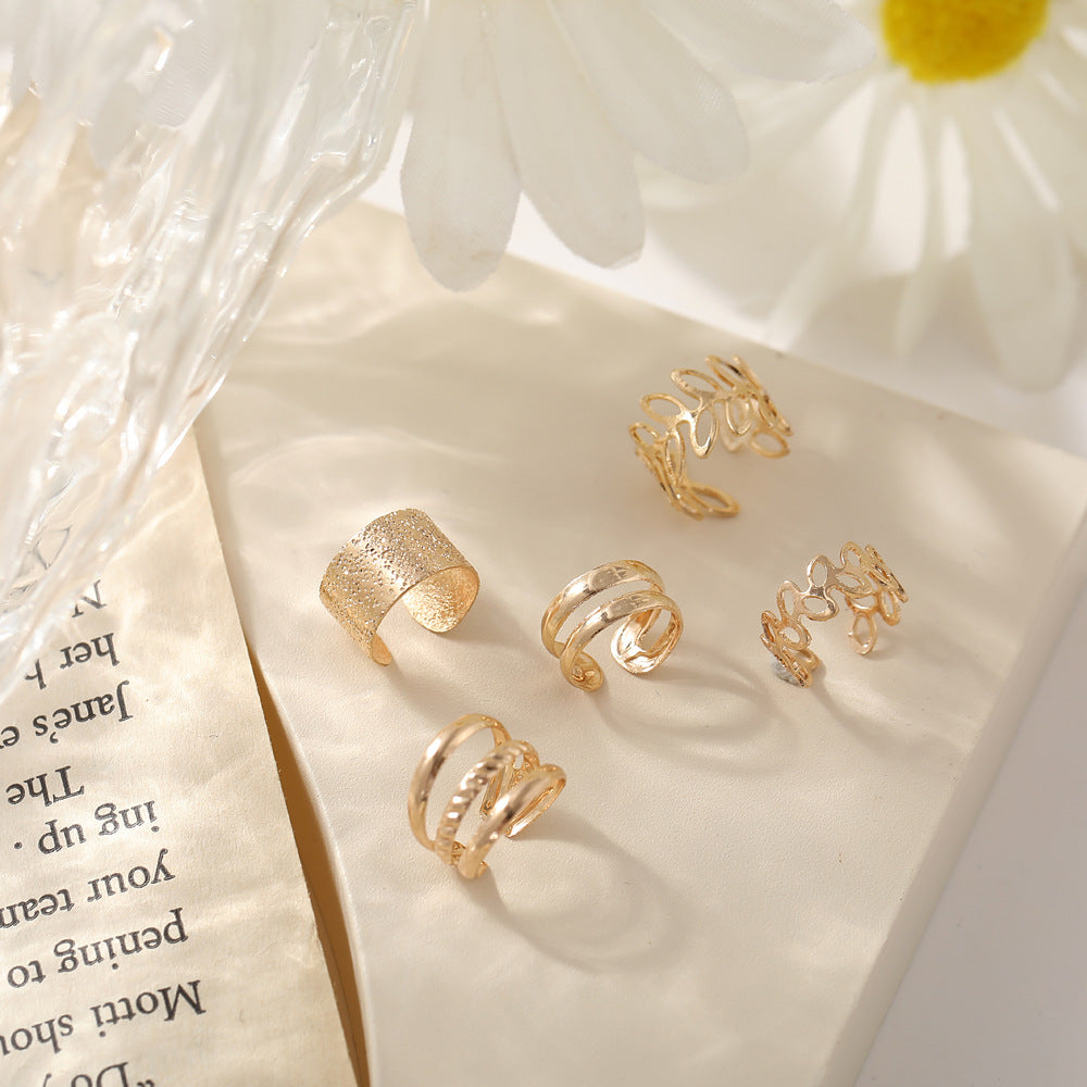 Bohemia Leaf Hoop Ear Cuff Earring | Gold Huggie Hoop Earrings | Multi Line Ear Wrap Earring  | Circle Ear Clip Earring Non Pierced Earrings Jewellery | Set of Four Earrings