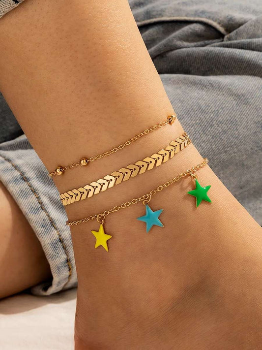 New Bohemian Star Simple Bead Chain Alloy Anklet 3-piece Set | Star Anklet Set