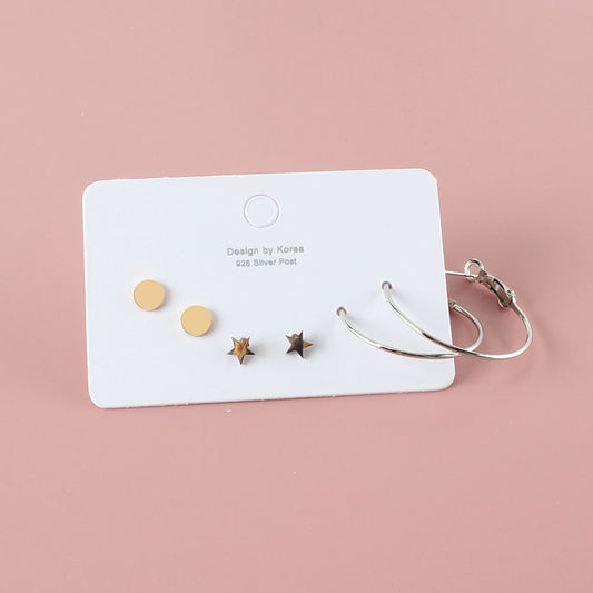 Anti -Tarnish Korean Retro Geometric Set of Three Earrings Gift For Her | Jewellery Gift Idea | Set of Three Earrings | One Set of Hoop Earring , Star Earring | Golden Plain Earrings
