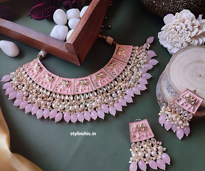 Pink Meenakari Necklace Set With Earrings | Pink Heavy Necklace | Bridal Meenakari Necklace