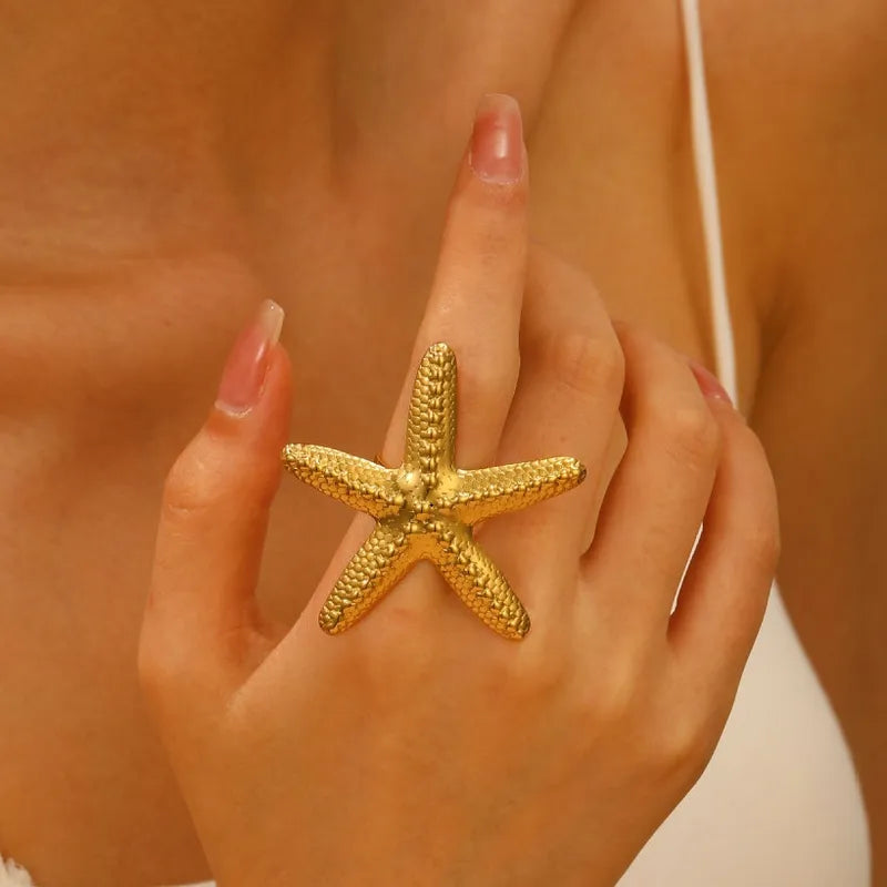 Big Golden Starfish Ring - Cocktail Ring  