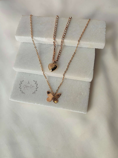 Double layer Heart and Butterfly Chain | Multilayer Chain Necklace | Two Layer Necklace | Gift for Her | Romantic Gift Idea
