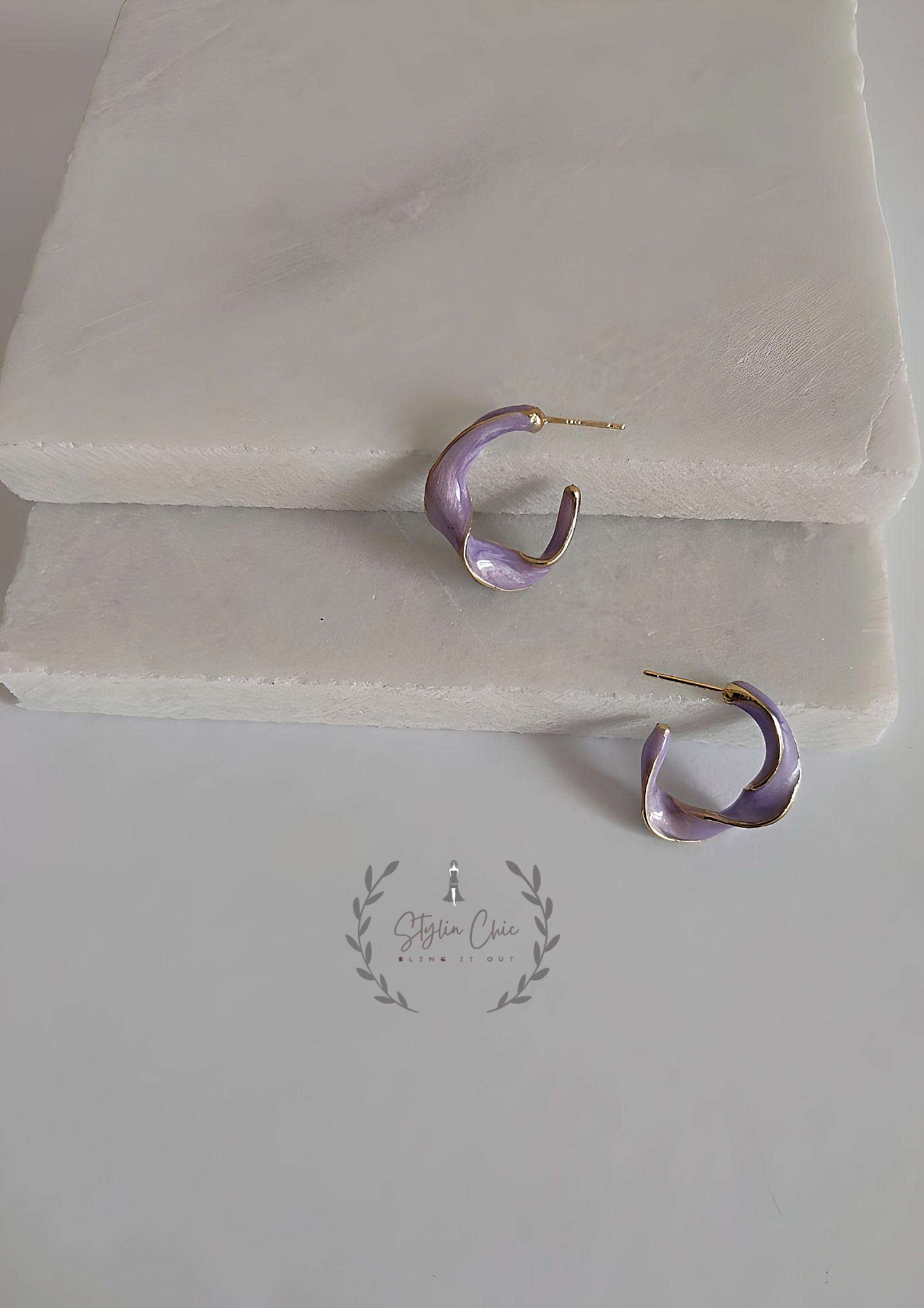The Twisted Crescent | Twisted Hoop Earrings | Sober Earrings | Work Wear Jewellery | White Twisted Hoops | Purple Twisted Hoops