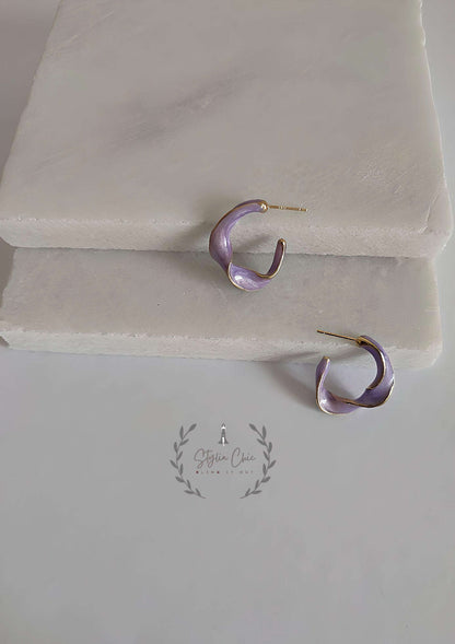 The Twisted Crescent | Twisted Hoop Earrings | Sober Earrings | Work Wear Jewellery | White Twisted Hoops | Purple Twisted Hoops