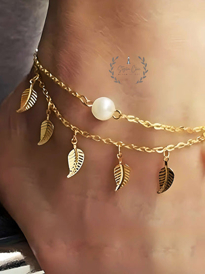 Pearl and Leaf Anklets | Multilayer Anklet | Boho Style Anklet | Anklet