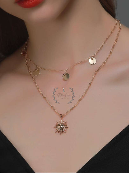 Double Layer Sun Shine Necklace | Sun Pendant Chain | Summer Style Jewellery | Multilayer Necklace