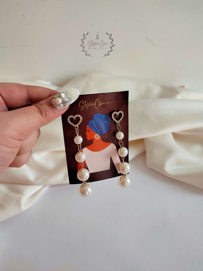 Pearl Heart Tassel Earrings | Shining Hear Pearl Ticker Earrings | Korean Earrings