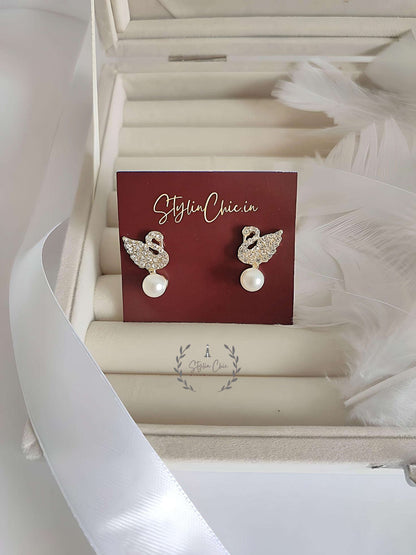 THE SWAN'S EMBRACE - GOLDEN EMBELLISHED EARRINGS | SWAN PEARL EARRINGS