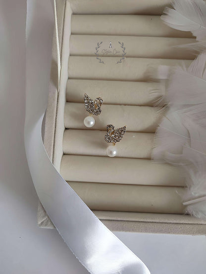 THE SWAN'S EMBRACE - GOLDEN EMBELLISHED EARRINGS | SWAN PEARL EARRINGS
