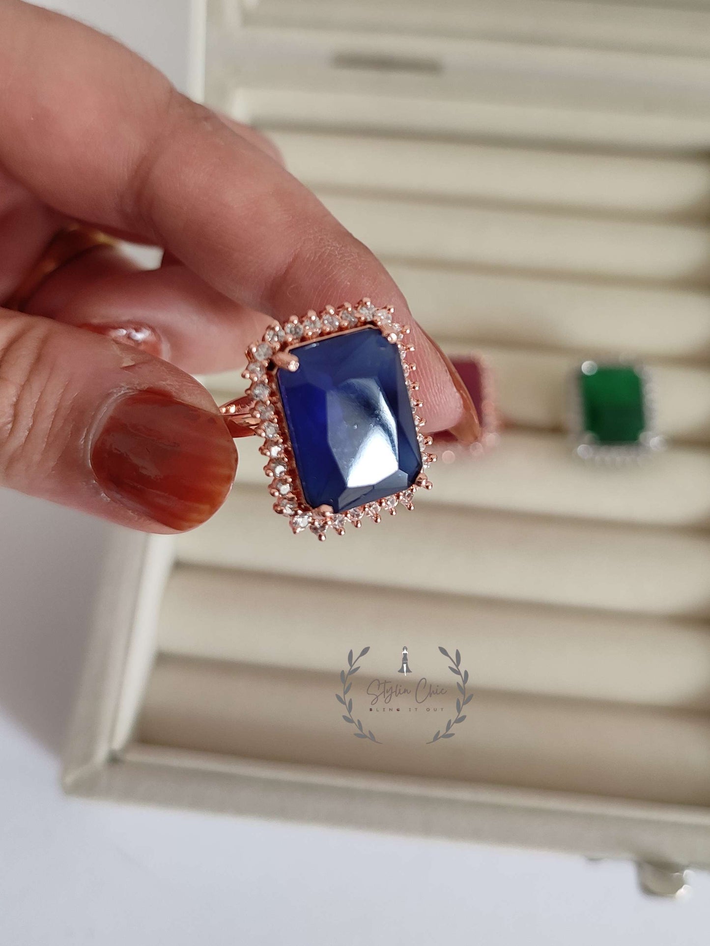 AD (American Diamond Ring) | RHODIUM PLATED CZ SPARKLING FINGER RING FOR WOMEN(ADJUSTABLE) | NAVY BLUE RING  | EMRALD RING | GREEN RINGS