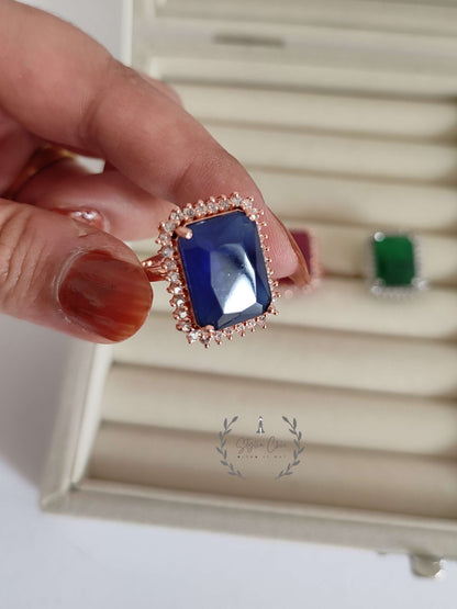 AD (American Diamond Ring) | RHODIUM PLATED CZ SPARKLING FINGER RING FOR WOMEN(ADJUSTABLE) | NAVY BLUE RING  | EMRALD RING | GREEN RINGS