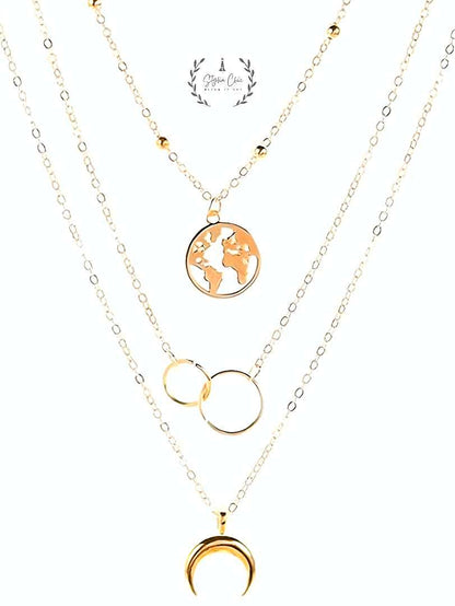 Golden Moon and World Map Pendant | Retro Multi-layered Charm Necklace | World Map Necklace | Multilayer-Necklace